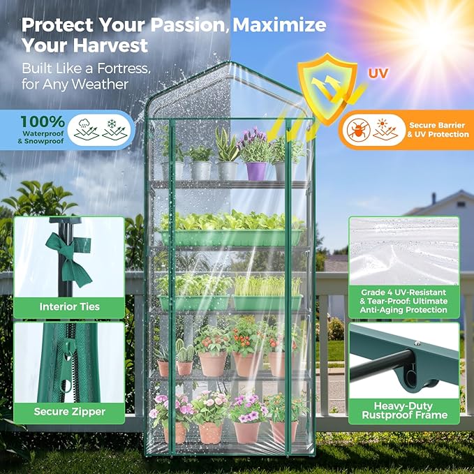Mini Greenhouse for Outdoors Indoor: Ohuhu 23 x 19 x 75-Inch Small Plants Green House with 5 Tier Shelves, Portable Plastic Greenhouses with Heavy Duty Clear PVC Cover for Garden Patio Porch Balcony