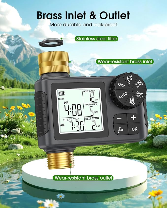 Sprinkler Timer with Brass Inlet & Outlet, Water Timer for Garden Hose with Auto/Manual/Rain Delay Mode, Easy Setup Hose Timers for Lawn, Garden, Vacation Watering,1 Outlet