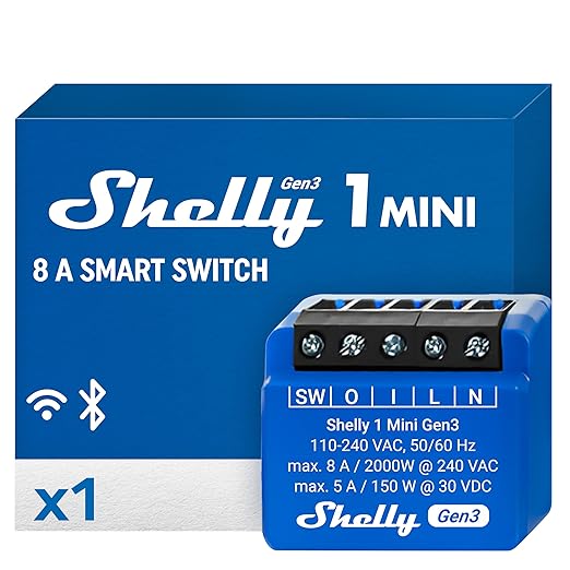 Shelly 1 Mini Gen3, WiFi & Matter Smart Relay Switch with Dry Contacts, 1-Channel 8A, Compatible with Alexa, Home Assistant, SmartThings & Google Home, DYI, Garage Door Opener, No Hub Required