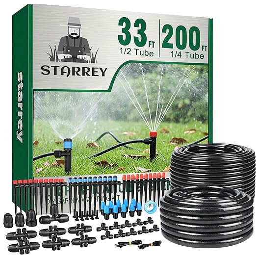 Drip Irrigation System for Garden, 2026-Upgraded Quick Connect Garden Watering Kit All-in-One with 1/2 inch 1/4 inch Irrigation Tubing for Garden, Lawn, Greenhouse, Raised Beds (233FT)