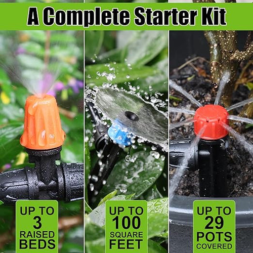100FT Drip Irrigation System Kit, Automatic Watering System with 30 Adjustable Nozzles & 30M 1/4" Tubing – DIY Solution for Gardens, Greenhouses, Patios & Lawn – Effortless Plant Care + Water-Saving