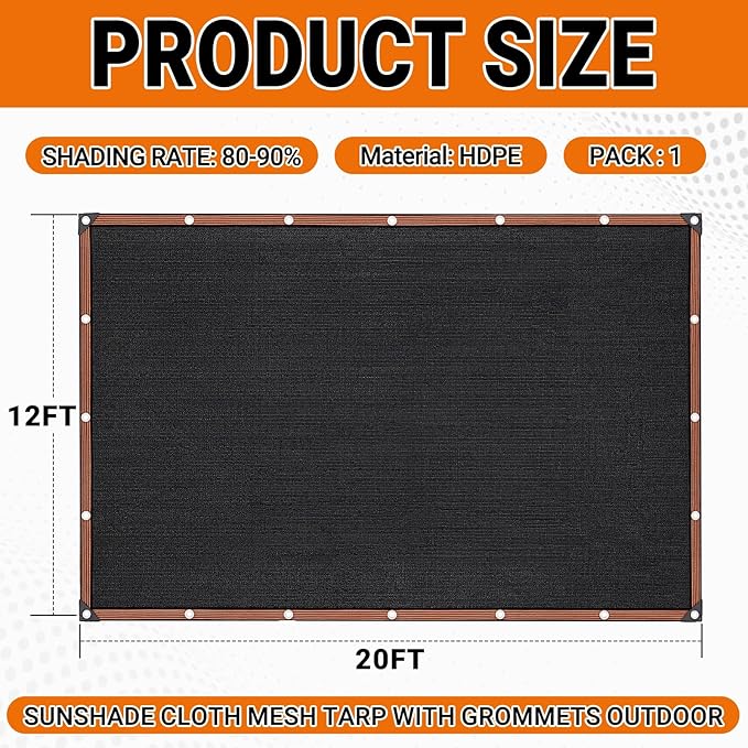 90% Shade Cloth for Garden, 12 x 20 ft Heavy Duty Sunblock Mesh Tarp with Aluminum Grommets, UV Resistant Sun Shade Fabric for Greenhouse Plants Outdoor Patio Chicken Coop Cover, Black