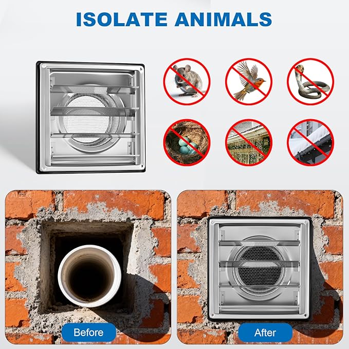 4" Metal Dryer Vent Cover Outside with Removable Extended Pipe, 304 Stainless Steel Outdoor Exterior Wall Air Vent Cover with Louvre for Dryer Vents Range Hood Vent AC Vent