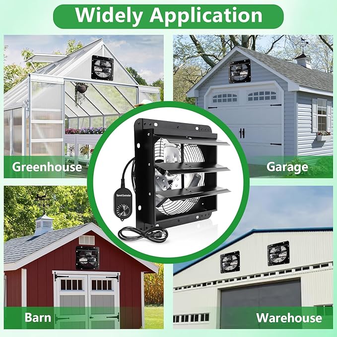 Shutter Exhaust Fan, 7 in Wall Mount Ventilation Fan w/Speed Controller Attic Vent Fan for Chicken Coops, Greenhouse, Gable, Barn, Garage, Shed Ventilator 576 CFM, 1700 RPM