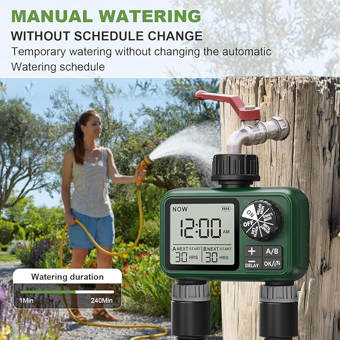 2 Zone Water Timer for Outdoor Garden Hose, Sprinkler Timer for Garden Faucet with Auto/Manual/Rain Delay Mode, Sprinkler Irrigation Controller for Yard Lawn