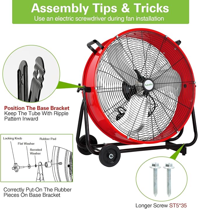 hykolity 24 inch 8100 CFM High Velocity Industrial Drum Fan, 3-Speed Heavy Duty Metal Shop Fan for Warehouse, Garage, Workshops, Factory, UL Listed, Red