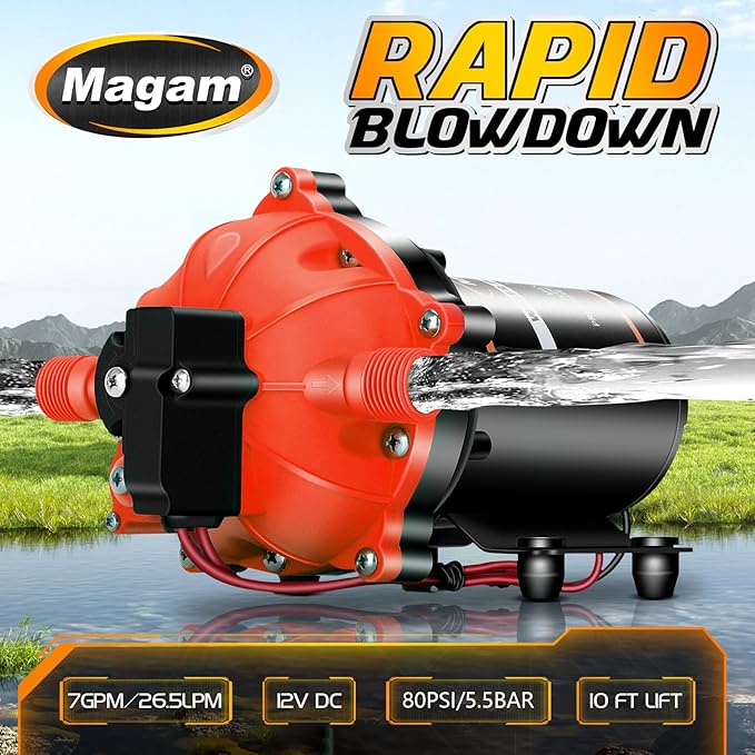 12V Washdown Pump Kit with 7.5 GPM & 80 PSI,RV Fresh Water Pump,Five Chamber Self-Priming Diaphragm Pump with Heavy Duty Pressure Switch,Nozzle & Filter – Ideal for Boats, RVs, Yachts & Campers