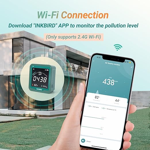 INKBIRD WiFi Air Quality Monitor Indoor Battery Powered | Smart NDIR Sensor and Data Logger | Carbon Dioxide & Temperature & Humidity | for Home, Office, Grow Tent (INK-CO2W)