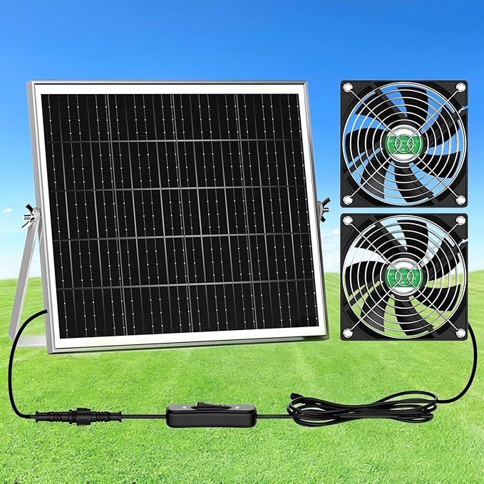 Solar Chicken Coop Fan 2 Kit, 20W Solar Powered Greenhouse Fan Outdoor Waterproof, Solar Exhaust & Intake Fans, Hi-Airflow for Shed Dog House Air Circulation Ventilation Cooling