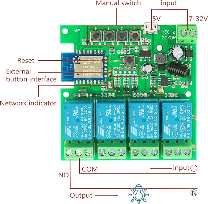 4CH Wireless Relay Module | Smart Home Control | Remote Switch | Self-Locking Mode | Tuya APP & Bluetooth Compatible