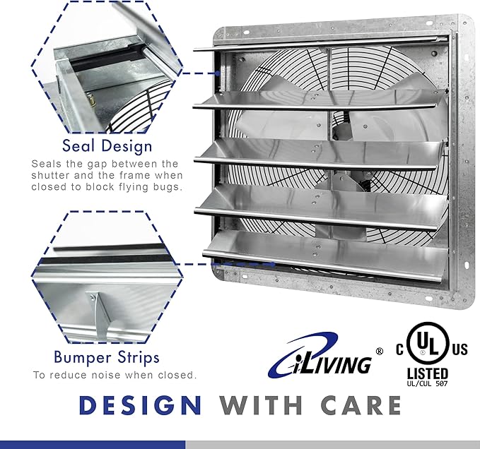 iLIVING 20" Wall Mounted Shutter Exhaust Fan, Automatic Shutter, with Thermostat and Variable Speed controller, 2.2A, 3368 CFM, 5000 SQF Coverage Area Silver (ILG8SF20V-ST)