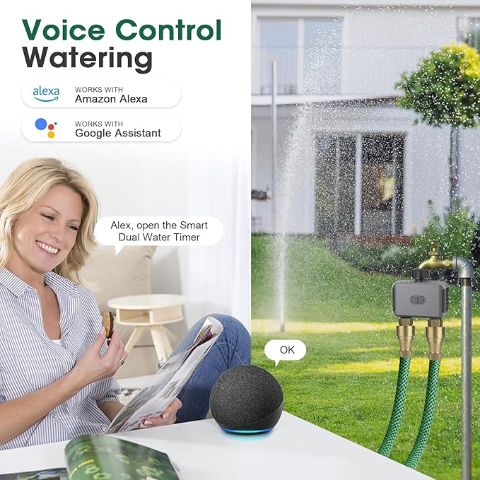 Haozee Zigbee Sprinkler Timer 2 Zone,Smart Water Timer for Garden Hose, Requires Zigbee 3.0 Hub,Support Home Assistant Zigbee2mqtt, Rain Delay and Manual Watering, Leakproof for Yard Lawn Watering