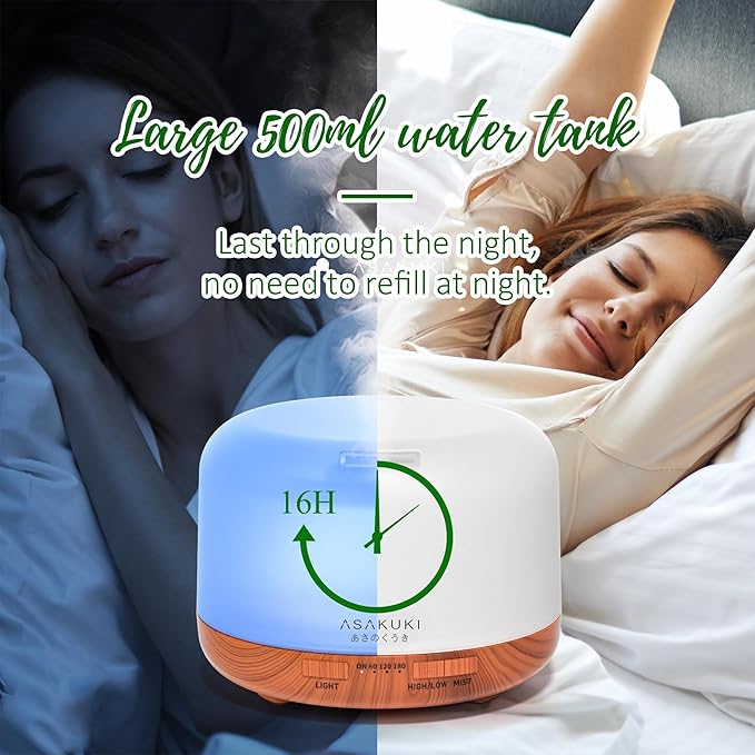 ASAKUKI Oil Diffuser with Essential Oils Set, 500ml Aromatherapy Humidifier with 14 LED Colors & Auto Shut-Off - 6 Oil Gift for Mom (Lavender Eucalyptus Tea Tree Orange Peppermint Lemongrass)