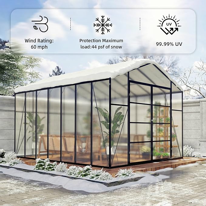 Greenhouse for Outdoors 8x12x7.8FT, Polycarbonate Greenhouse with Stronger Wind Protection and Roof Vent, Walk-in Large Aluminum Sunroom Winter Proof, Black