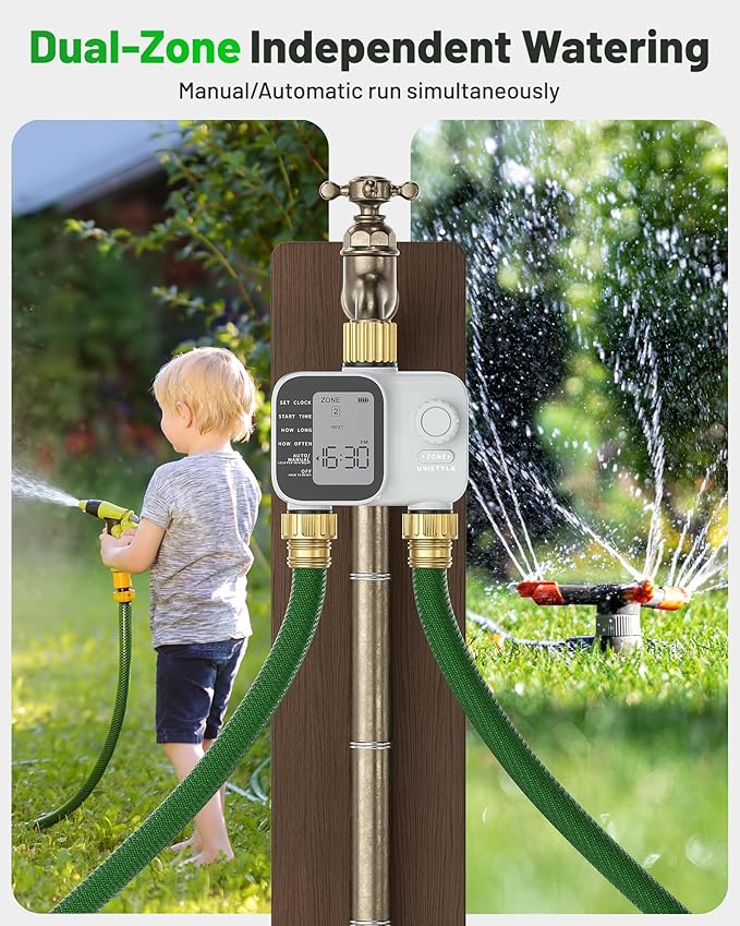 [All-New 2027] Heavy Duty Sprinkler Timer 2 Zone with Brass Inlet, Unistyle Water Timer for Garden Hose with Rain Delay and Manual Water/Automatic Irrigation, Hose Timers Yard Lawn Patio
