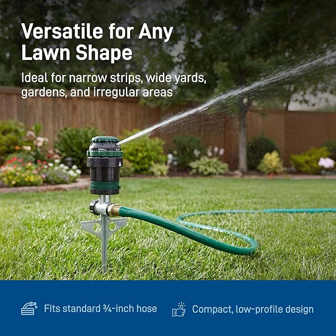 Orbit H2O-Six Gear-Drive Sprinkler on Metal T-Spike - Customizable Lawn Watering Coverage - Multi-Pattern Rotating Head with Adjustable Spray Range - Durable Outdoor Yard Irrigation Sprinkler - 58573