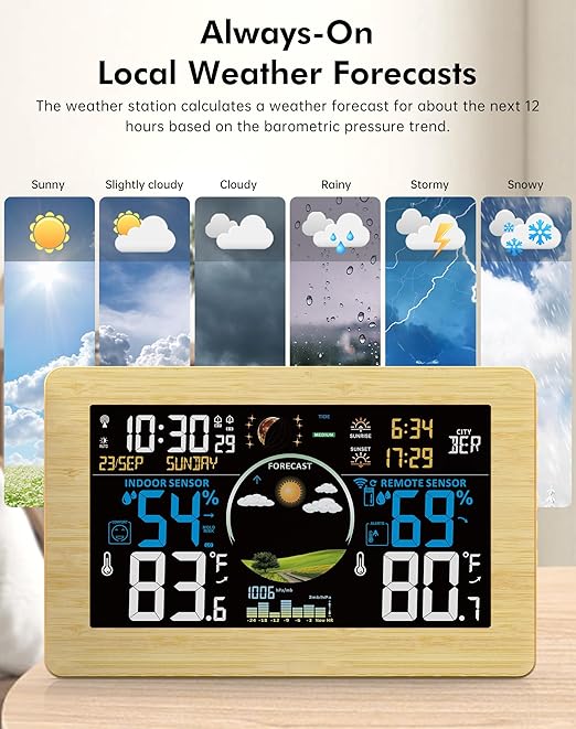Weather Station Wireless Indoor Outdoor Thermometer, 7.5" VA Display with Remote Sensor, Home Weather Station with Weather Forecast, Temperature, Humidity, Atomic Clock, Wood