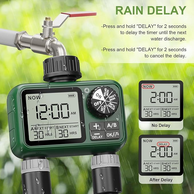 2 Zone Water Timer for Outdoor Garden Hose, Sprinkler Timer for Garden Faucet with Auto/Manual/Rain Delay Mode, Sprinkler Irrigation Controller for Yard Lawn