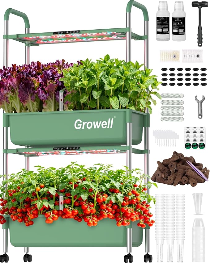 Growell Large Hydroponics Growing System Kit, Vertical Indoor Herb Garden Kit with LED Grow Light & Independent Water Pump, 28L Movable Indoor Planter Perfect Gardening Gifts (2 Tier-54 Pods Green)