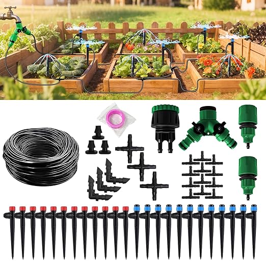 Automatic Drip Irrigation System for Garden, 65ft Garden Watering System with 1/4" Tubing & Sprinklers, Drip Irrigation Kit for Outdoor Plants, Raised Beds, Greenhouse,Patio