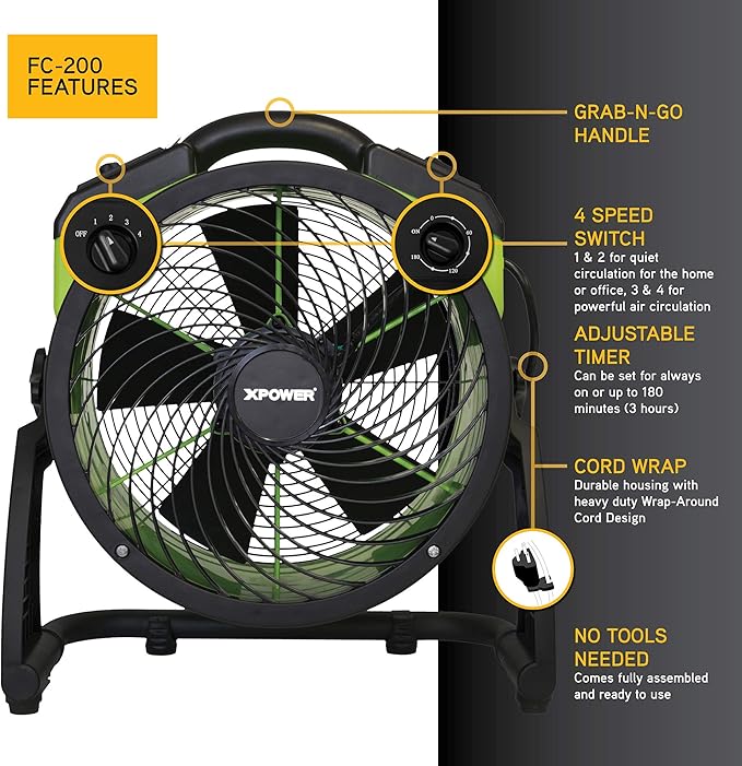 XPOWER FC-200 Heavy Duty Industrial High Velocity Whole Room Air Mover Air Circulator Utility Floor Fan, 4 Speeds, Timer, 13 inch, 1300 CFM