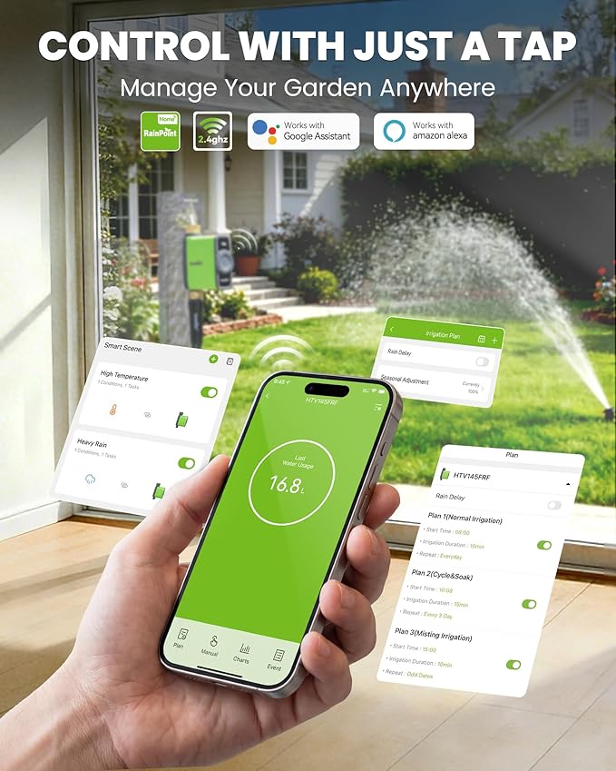 RAINPOINT WiFi Water Timer for Garden Hose, WiFi Sprinkler Controller, Smart Hose Timer Valve, Automatic Drip Irrigation System/Rain Delay for Garden/Lawn/Yard (Brass Inlet, No Gateway)