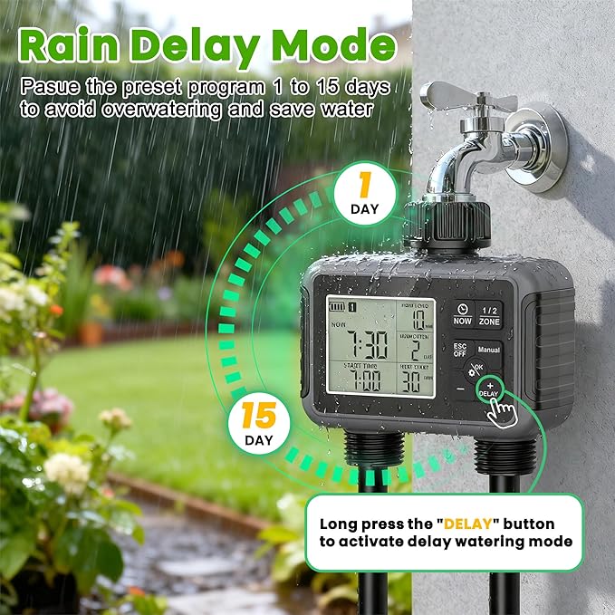 Sprinkler Timer 2 Zone, IPX5 Waterproof Programmable Water Hose Timer with Rain Delay, Child Lock, Manual Watering for Outdoor Automatic Irrigation for Garden, Lawn, Yard (AA Batteries Not Included)
