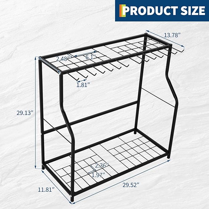 Garden Tool Organizer 2 Tier Yard Storage Rack With14 Hooks,Heavy Duty Holder With 43 Long-Handled Slots,Freestanding Tool Organizers and Storage for Yard Shed and Lawn