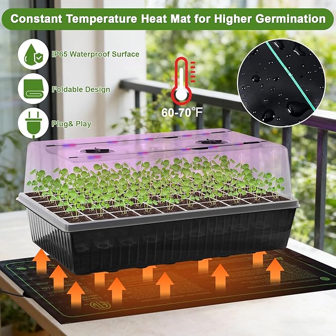 60-Cell Self-Watering Seed Starter Tray with Grow Light, Indoor Seed Starting Kit Trays with Heat Mat, Adjustable Brightness Plant Germination Trays Growing Kit with 4.13" Humidity Dome for Seeds Grow