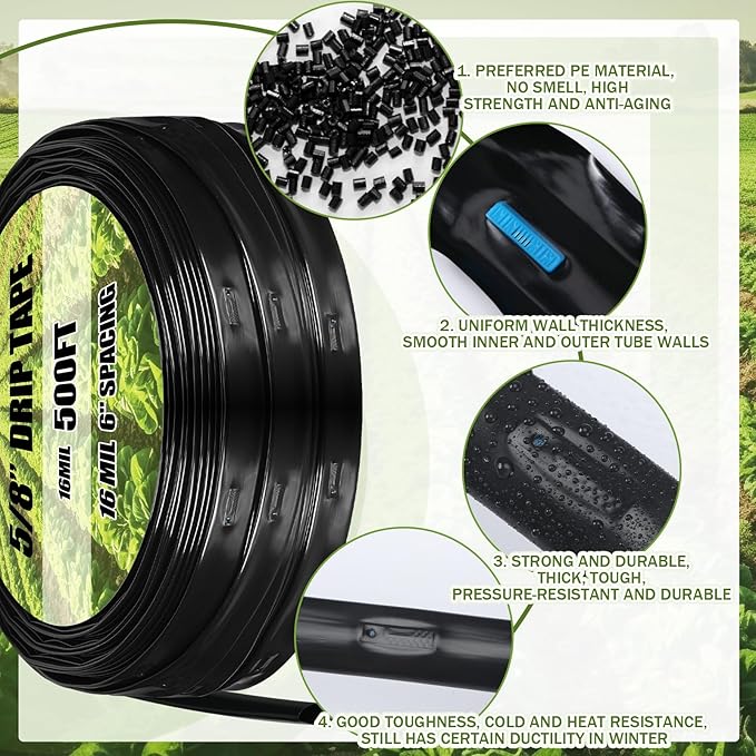 Tondiamo 1000 ft 5/8 Inch Drip Tape Irrigation Tubing Kit 8 Mil 6" Spacing Hose Garden Landscape Irrigation System Automatic Equipment for Farms