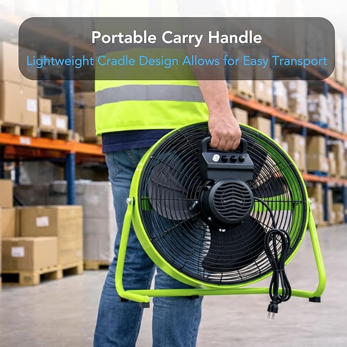 Comfort Zone 20-Inch High-Velocity Industrial Floor Fan, Heavy-Duty 3-Speed Metal Shop Fan with 180° Adjustable Tilt & Carry Handle, Quiet Vibration-Free Cooling for Garage, Workshop, & Home