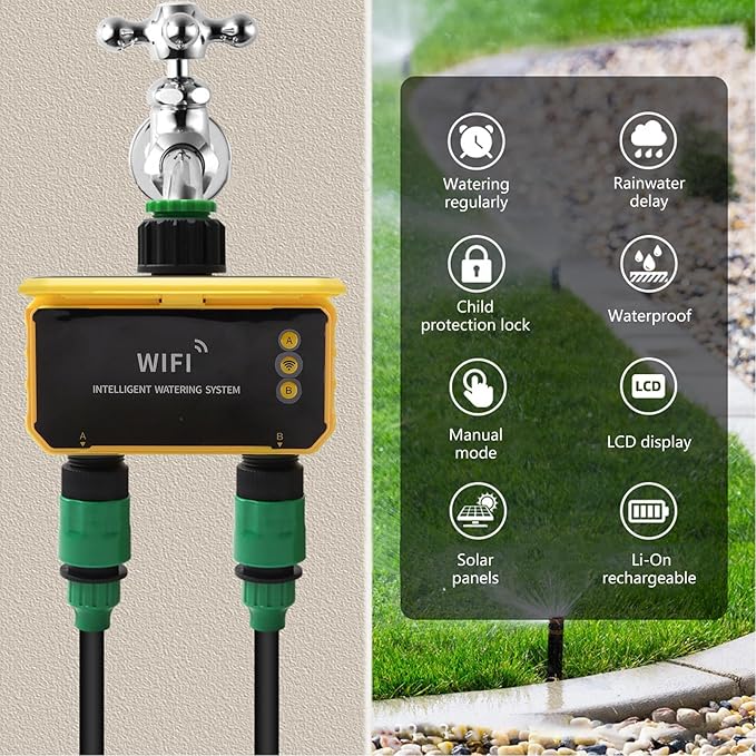 Luqeeg WiFi Sprinkler Timer, Solar Powered Rain Delay App Control 2 Zone Solar Watering System with Accuracy Filter, Sprinkler System | Irrigation Timer for Yard Balcony Garden