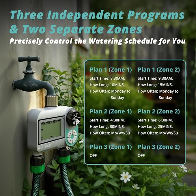 QUOBAS Sprinkler Timer, Weekly Programmable Water Hose Timer for Garden Hose Faucet with Waterproof LCD Screen, Rain Delay/Manual/Automatic Irrigation Watering System for Garden, Lawn, Yard