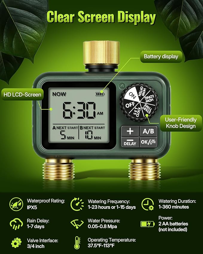 Brass Sprinkler Timer with Swivel, Programmable Water Timer for Garden Hose with Auto/Manual/Rain Delay Watering, Digital Irrigation System Kit,for Garden, Yard, Lawn 2 Outlet F12WT06