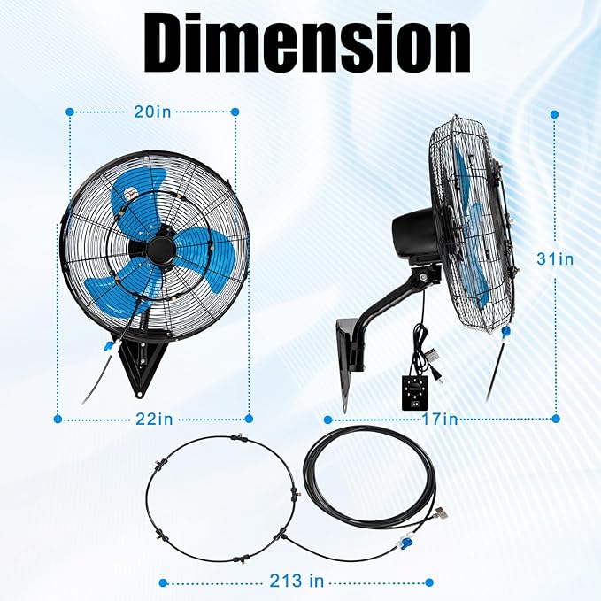 20" Wall Mount Fan with Misting, 7100CFM Heavy Duty Wall Fan with 3-Speed & Adjustable Tilt, High Velocity Industrial Oscillating Fans for Garage, Factory, Patio, Indoor, Greenhouse, Porch, ETL Listed