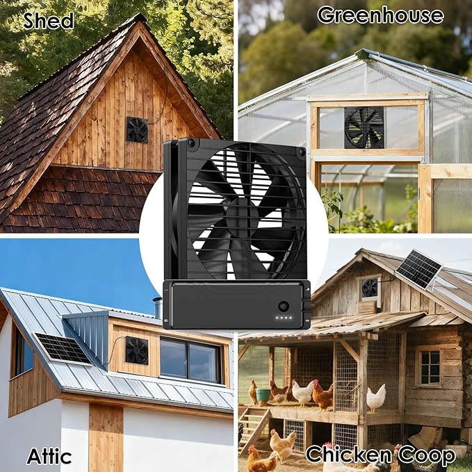 7 Inch Large Airflow Solar Fan with Battery Backup, 12800mAh Batteries IPX7 Waterproof 16.5 Ft On/Off Switch Cable Solar Powered Exhaust Vent Fan for Outside Greenhouse Chicken Coop Shed Trailer