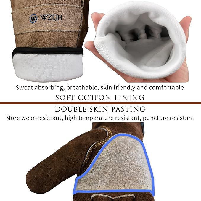 WZQH Leather Work Gloves for Men or Women. X-Small Glove for Gardening, Tig/Mig Welding, Construction, Chainsaw, Farm, Ranch, etc. Cowhide, Cotton Lined, Utility, Firm Grip, Durable. Coffee-grey XS