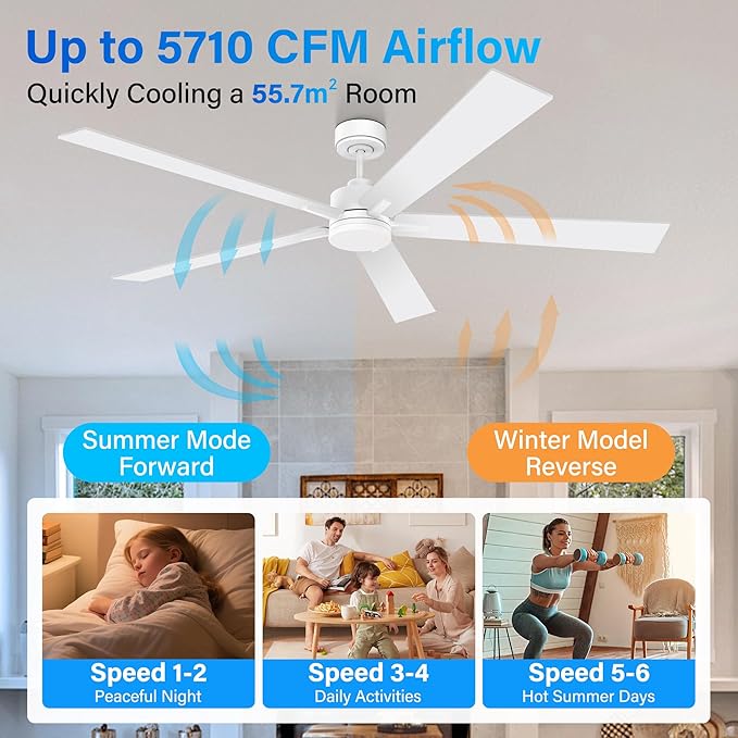 72" Large Smart Ceiling Fan with Lights Remote,Silent DC Motor,Control via Voice Alexa Google App,Outdoor Indoor Modern Ceiling Fans for Large Living Room Patios Decks,Dimmable,5 Blades in White&Wood