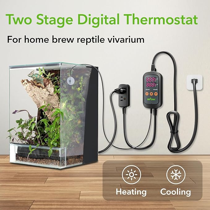 BN-LINK Digital Temperature Controller Thermostat Outlet with Heating Cooling Mode, 2-Stage Outlet Thermostat Controller Plug for Reptiles Aquarium Carboy Homebrew Breeding Fermenter Seed Germination