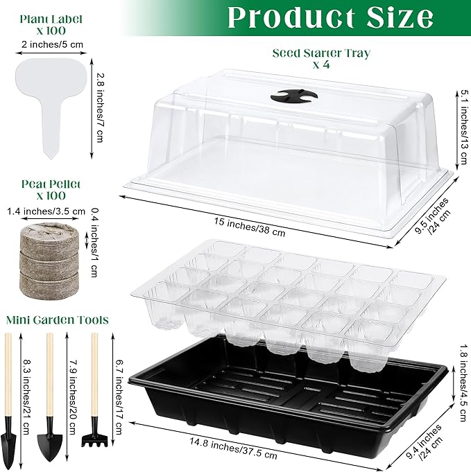 Hahood 4 Sets Seed Starter Tray Kit Germination Starter Tray with Humidity Dome and Base Include 100 Peat Pellets 100 Plant Labels Garden Tools Plastic Plant Growing Trays for Greenhouse Garden, Black