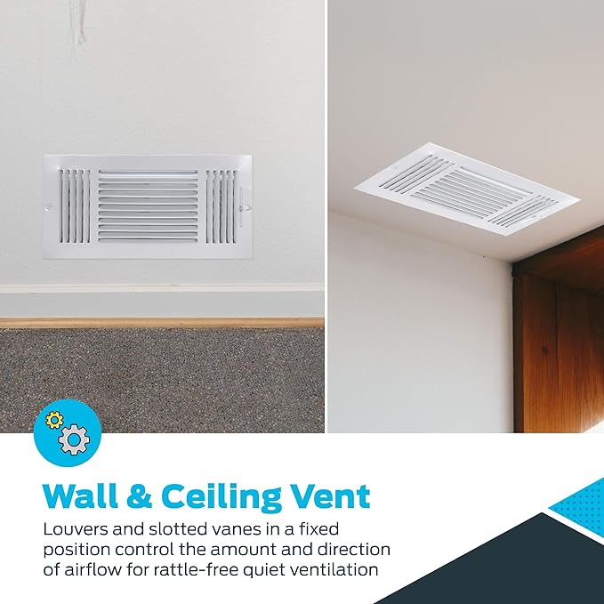 EZ-FLO 14 x 6 Inch (Duct Opening) Air Vent Cover for Wall or Ceiling, Three-Way Ventilation Register, Solid Steel HVAC Register Cover, White, 61616