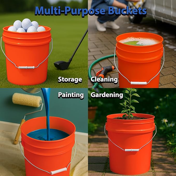 MKS Plastics 5-Gallon Bucket with Airtight Lid – Made in USA, Food Grade BPA Free Plastic, Heavy Duty Multi-Use, Metal Handle with Grip, Stackable Storage – Orange, 6 Pack