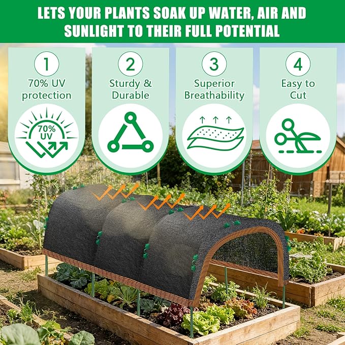 79"x40" Garden Shade Kit, 70% Garden Sun Shade Cloth with Hoops for Plants Heat Protection, Raised Garden Bed Shade Cover Plant Sun Shade for Outdoor Plants Vegetables