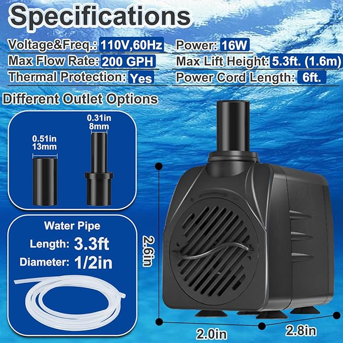 SongLong 200GPH (750L/H) 6ft Power Cord Submersible Pump, Water Fountain Pump with 5.3ft Lift for Fountains, Ponds, Aquariums & Hydroponics