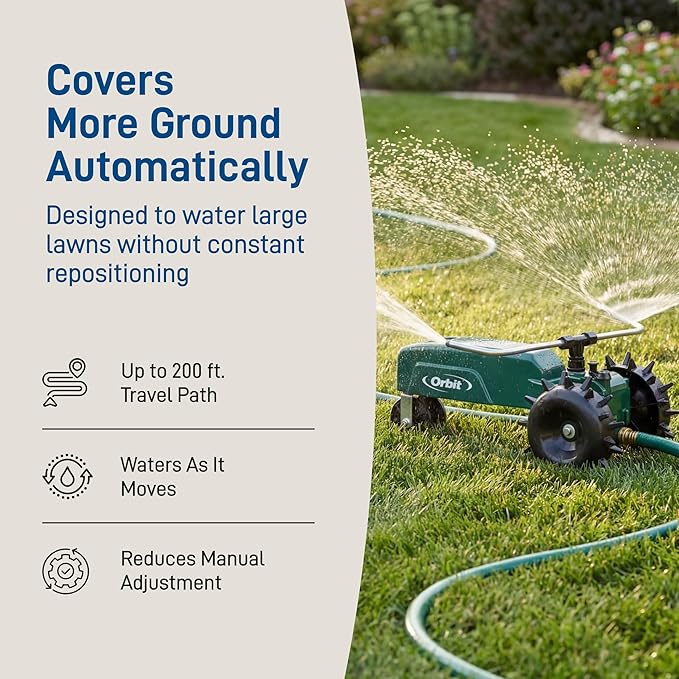Orbit Traveling Tractor Water Sprinkler - Self-Propelled Traveling Sprinkler for Wide Lawn Coverage - Cast-Iron Body with Adjustable Coverage - Three-Speed - Automatic Shut Off - 58322