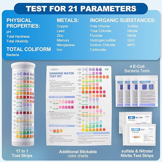 21-in-1 Home Drinking Water Testing Kit,145 Strips + 4 Bacteria Tests,Tap and Well Water Test Kit, Easy to Test and Read Home Test Strips for Hardness, Lead, Iron, Fluoride, pH, Copper and More
