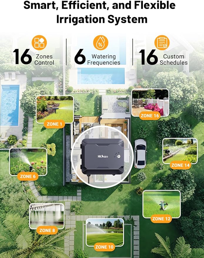 Outdoor Smart Sprinkler Controller with Protector, WiFi Irrigation Controller Easy Use App Enabled, 16 Zones + 16 Plans, Save Water Auto Skip Rain, Freeze & Wind, 10 Minutes Install