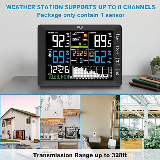 Urageuxy Wireless Weather Station with Indoor Outdoor Thermometer, Atomic Clock, 8.3" Large Color Display, Barometric Pressure Monitor, Forecast, 328ft Range for Home, Patio, RV, Garage