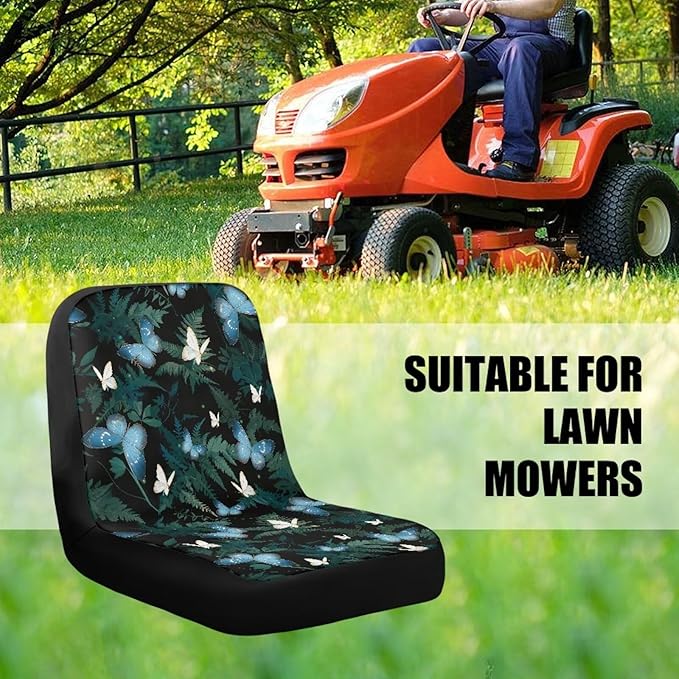 Blue Butterfly Leaf Riding Lawn Mower Cushioned Seat Cover Replacement, Weatherproof Seats Cover with Convenient Pockets