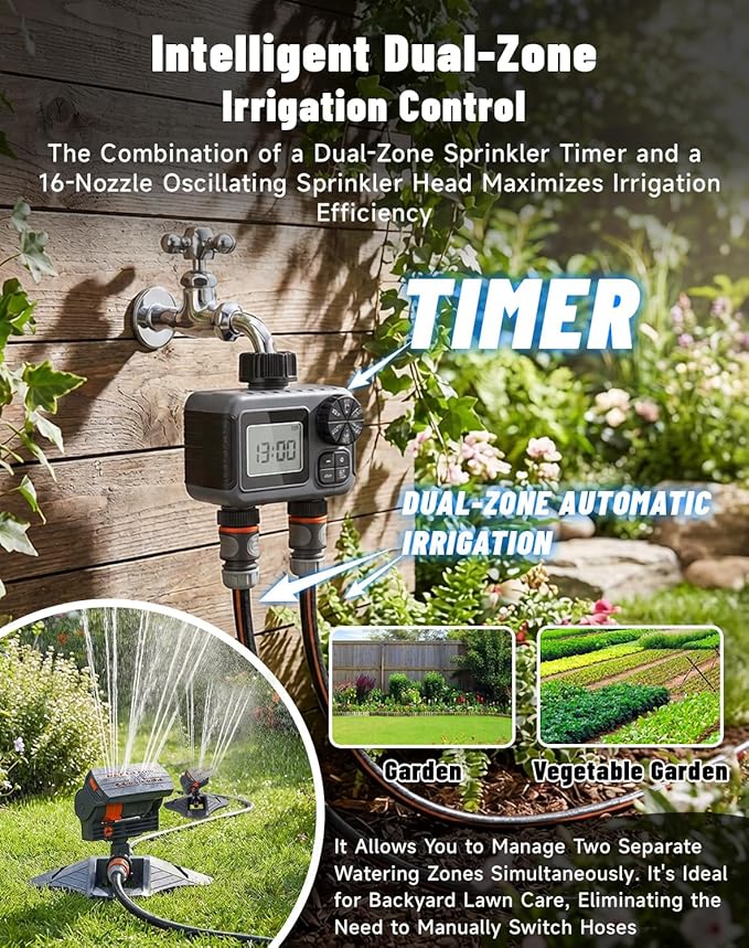 16-Nozzle Oscillating Sprinkler with Dual-Zone Sprinkler Water Timer, Heavy Duty Automatic Lawn Garden Irrigation System, Adjustable Spray Range & Width for Large Area Grass (with Dual-Zone Timer)
